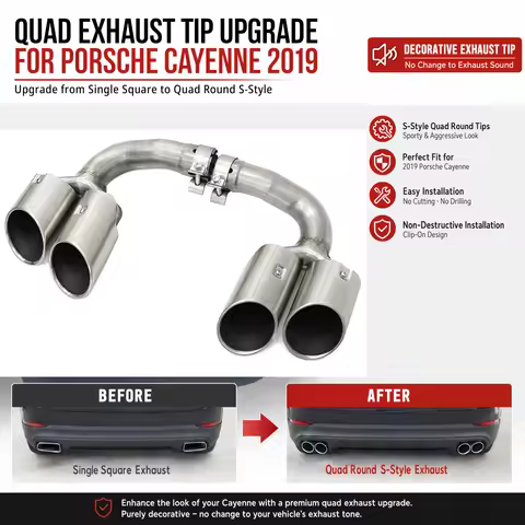 S Style Quad Exhaust Muffler Tip for Porsche Cayenne 9Y0 E3 SUV (2018-2025) Square to 4-Out Tailpipe