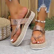 Summer Fashionable Casual Straw Belt Buckle Strap Thong Sandals, Round Toe Crisscross Braided Rope W