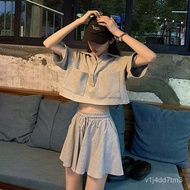 People love itSummer NewPOLOCollar Loose All-Match Short SleeveTT-shirt Wide-Leg Skort Shorts Two-Piece Suit Female Stud