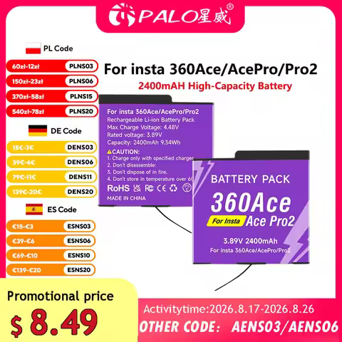 PALO 2400mAh For Insta360 Ace Pro Ace Pro 2 Battery For Insta 360 Ace AcePro Pro2 Action Camera Batt