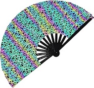 Reflective Rave Hand Fan Large Bamboo Folding Fan, UV Glow Folding Hand Fan Clack Hand Fan Men/Women