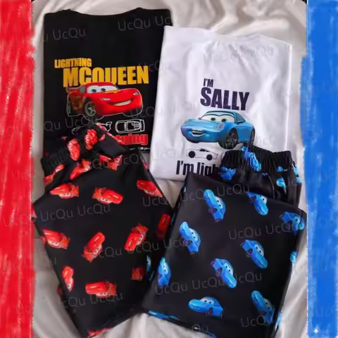 2026 McQueen & Sally Oversized Summer Pajama Set Cotton T-Shirt + Pants for Couples/Family Adults & 