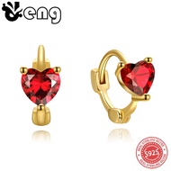 [Gentle Winter Accessories] S925 Silver Jewelry French-Style Red Cubic Zirconia Heart Earrings D387-