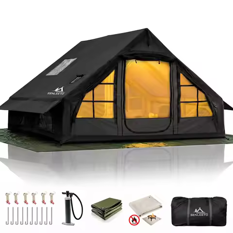 SENLEETO Inflatable Tent 6-8 Person Camping Glamping Oxford Tent with Chimney AC Hole Sunshade Tent 