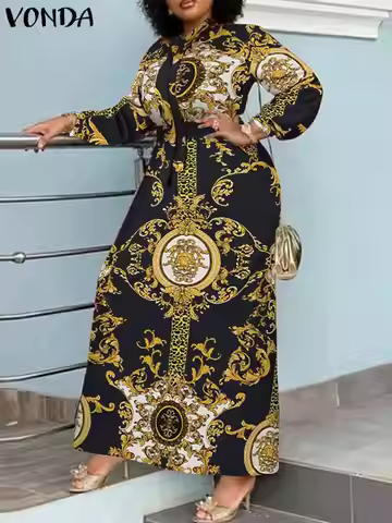 VONDA Maxi Dress 2024 Summer Women Bohemian Printed Party Sundress Long Sleeve Stand Collar Casual R