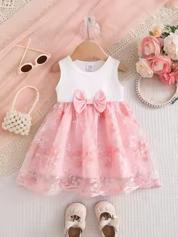 1-Piece Summer Thin Dress for Baby Girls, Children's Round-Neck Floral Print Dress with Bow Decorati