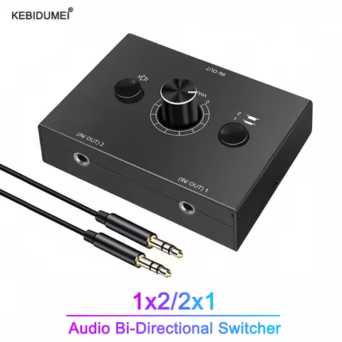 3.5mm Stereo Audio Switch 2x1/1x2 Bi-Directional Switcher with Mute Button Support Computer Monitor 