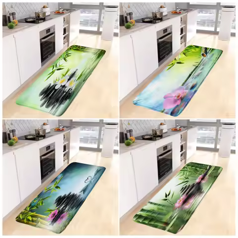 Zen Green Bamboo Bath Mat Pink Orchid Black Stone Swan Spa Scenery Kitchen Rug Entrance Doormat Home