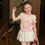 BB356 2-Piece Set For Girls Lace Puff Sleeve Shirt With Ribbon Decoration Sweet Style Carousel Patte