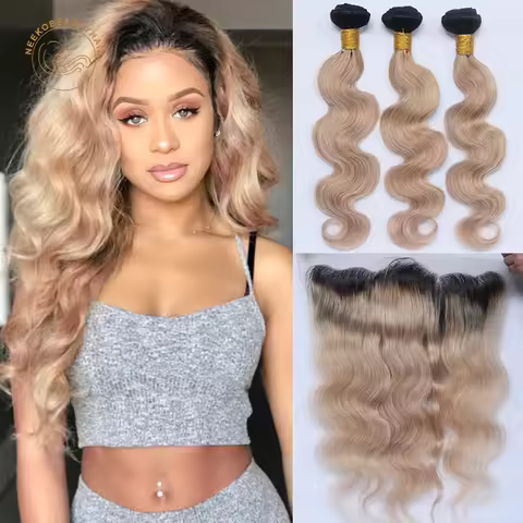 1B 27 Honey Blonde Ombre Brazilian Human Hair Bundles with Lace Frontal Remy Body Wave Ash Blonde 3 
