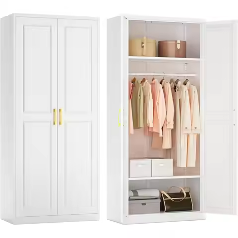 Metal Armoire Wardrobe Closet with Doors and Shelves, 71" Tall Freestanding Wardrobe Cabinet for Han