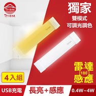 TOYAMA特亞馬TS3磁吸USB充電可調光雙模式長亮+感應LED燈0.4W~4W 4入組 雙模式(長亮照明、感應照明)