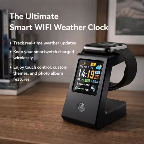 Smart WiFi Weather Clock, Featuring Wireless Charging for Watches, Digital Table Clock, Real-Time We