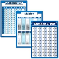 3 Pack - Multiplication Table Poster + Division + Numbers 1-100 Math Chart Set (Laminated, 18" x 24"