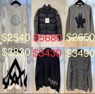 Moncler 女 閃鑽 sweeter 衞衣 $2540/ jacket 羽絨外套 $5680/ 男 sweater 衛衣 $2650 /男 女 knitwear毛衣 $3430-$3830