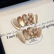 10pcs Cat Eyes Press on Nails with Flash Rhinestone Almond Fake Nails Grids Butterfly DIY Autumn Han