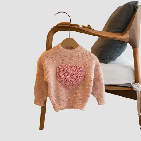 2025 Autumn Girls Sweater 3D Textured Heart Speckled Yarn Mock Neck Pullover Kids Knitwear