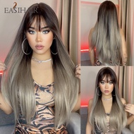 Easihair Panjang Sintetik Rambut Palsu Lurus Ombre Brown Ash Blonde Rambut Palsu dengan Bang untuk W