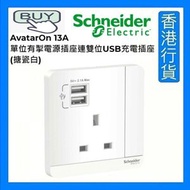 施耐德電氣 - AvatarOn 13A 單位有掣電源插座連雙位USB充電插座 (搪瓷白) [香港行貨]