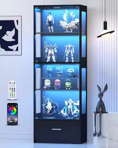 Display Cabinet Glass Doors Curio Cabinet Rgb Led Lights Drawer Collectibles Tier Glass Display Case