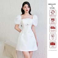 High-end designer dress in white with puffed sleeves and luxurious embellishments [Real photo] The S