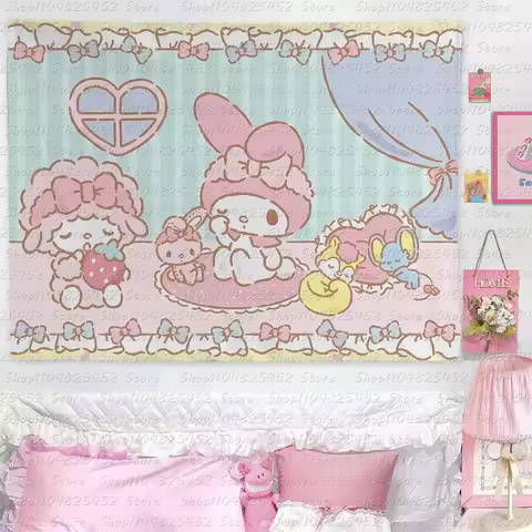 Sanrio Melody and Sweetheart Piano Printed Tapestry Cartoon Theme Bedroom Decoration Suitable for Do
