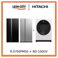 Hitachi R-SX700PMS0-GBK/GS 573L Side by Side Fridge  + Hitachi BD-100GV Front Loading - Washer AI Wash, Inverter 10 kg,