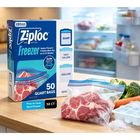 Ziploc Brand Freezer Food Storage Bags, School Supplies, with Grip 'n Seal Technology, Zipper, Quart