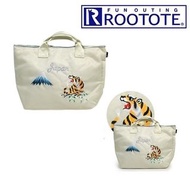 日本 Rootote 米白尼龍布 老虎 富士山 刺繡圖案 JAPAN 手挽袋
