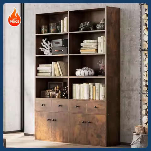 [New Arrival!]78.7" Bookcase with 4 Drawers and 4 Doors, 6 Tier Large Bookshelf with Storage, Floor 