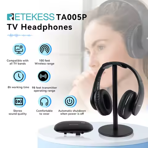 Retekess TA005 Pro Wireless TV Headphones 30m Range Stereo Audio Rechargable Wireless TV Headset Per