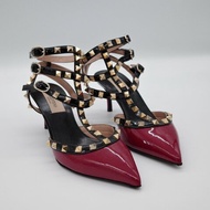 Valentino華倫天奴 Rockstud 深紅色 黑色漆皮拼接 鉚釘繫帶 高跟鞋