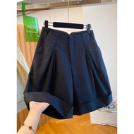 Korean style high-waisted pleated wide-leg women's khaki shorts.HD17.