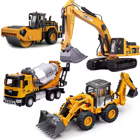 1:40 Diecast Car Model Engineering Sound Light Excavator Bulldozer Crane Backhoe Construction Collec