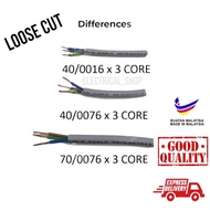 (1 Meter )Cable 3 core Flexible (Loose cut ) 40/0076 , 70/0076, made in malaysia 100% copper PVC wir