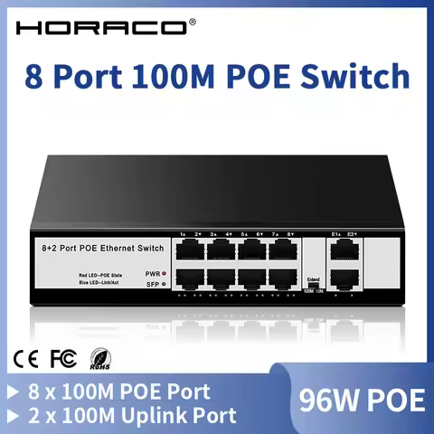 HORACO 8 Port 100M POE Switch 100Mbps Active POE Network Switch 96W for IP Camera,NVR,Surveillance,C