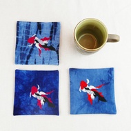 藍染電繡金魚杯墊