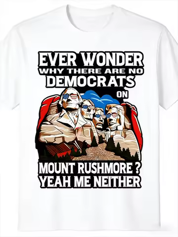 There Are No Democrats Here. Patriotic Cotton T-shirt - American Flag & Mount Rushmore Pattern Men's