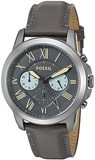 Fossil Men s Grant Watch in Smoketone with Grey Leather Strap and Gray Dial with Blue Accents