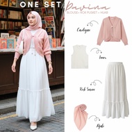 Korean Style Hijab Oneset (Dusty Pink Knitted Bolero Cardigan + White Ruffle Layered Skirt + Sleevel