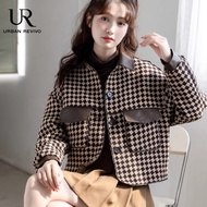 URBAN REVIVO French style lazy temperament retro small fragrance classic tweed houndstooth reduced age coat women