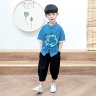 เสื้อผ้าจีนแบบดั้งเดิมย้อนยุค H Anfu เด็กผ้าฝ้ายผ้าลินินโบราณโอเรียนเต็ลรสสูทเสื้อแขนสั้นหลวม H Anfu ท็อปส์กางเกง