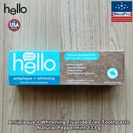 Hello® Antiplaque + Whitening Fluoride Free Toothpaste Natural Peppermint 133 g ยาสีฟันป้องกันคราบพล