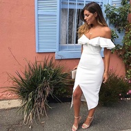 Women Evening Clothing Ruffled Front Split Dress