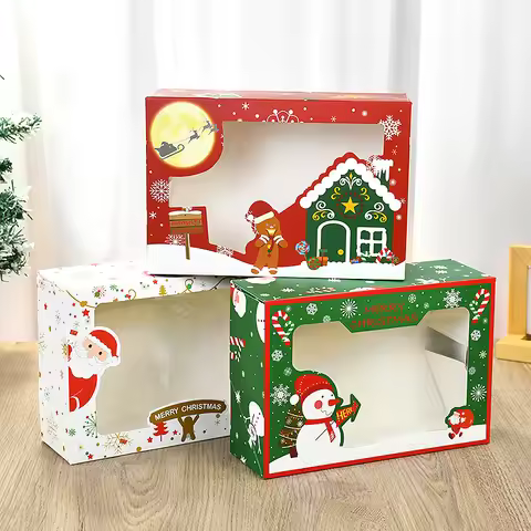 4pcs Christmas Cookie Box with Window Kraft Paper Candy Box Candy Chocolate Biscuit Packaging Boxes 