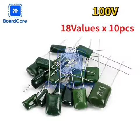 180pcs Polyester Film Capacitor Assortment Kit 100V 2A102J-2A822J 18 Values Contains 2A104J 2A332J 2