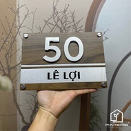 HOUSE NUMBER PLATE, Alcorest + Mica background with dark wood grain, silver-scratched 304 stainless 