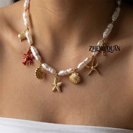 Tropical Vacation Essential Pearl Choker Gold Shell Red Lobster Charm Cruise Ship Jewelry