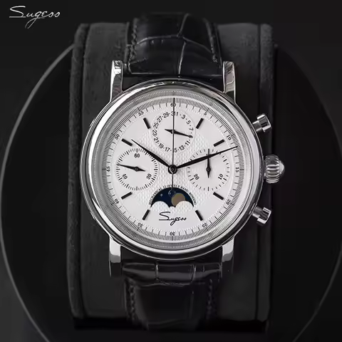Original Movement ST1908 Sugess Men Mechanical Calendar Watch Chronograph Vintage Moonphase Wristwat