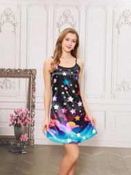 Women's New Comfortable Casual Wear Super Soft Micro Elastic Satin Sexy Colored Ding Sling Pajama Starry Sky Print Dress